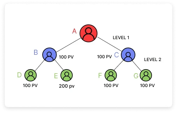 Binary MLM commission calculation diagram showing A at top, B and C at Level 2, D/E and F/G at Level 2 with PV values