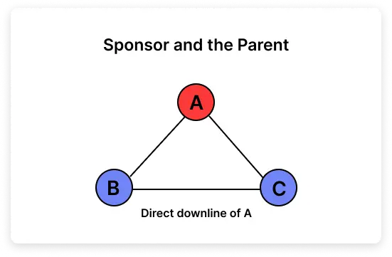 Diagram showing sponsor and parent are the same — A sponsors B and C directly as downlines