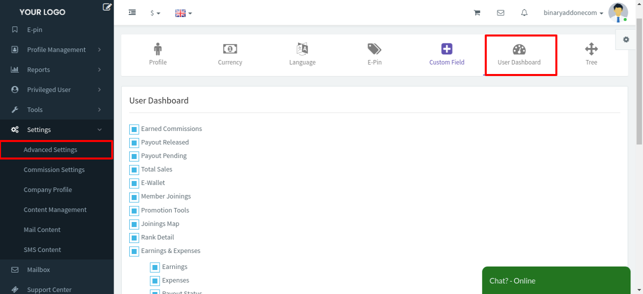 customized mlm software dashboard