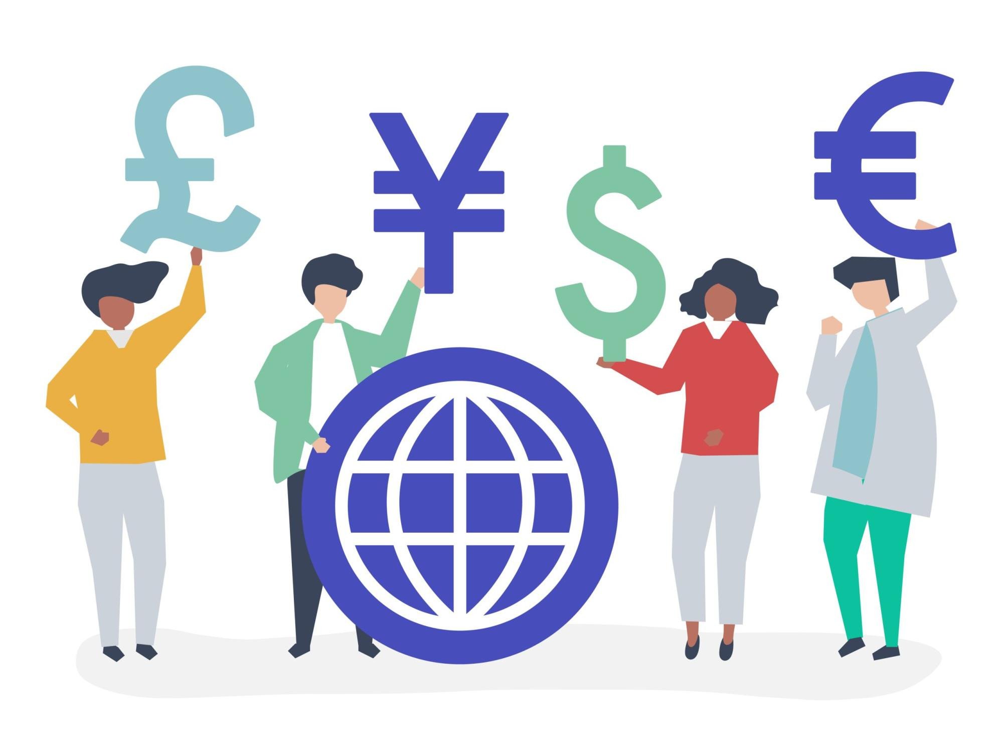 Illustration of global currencies and transactions