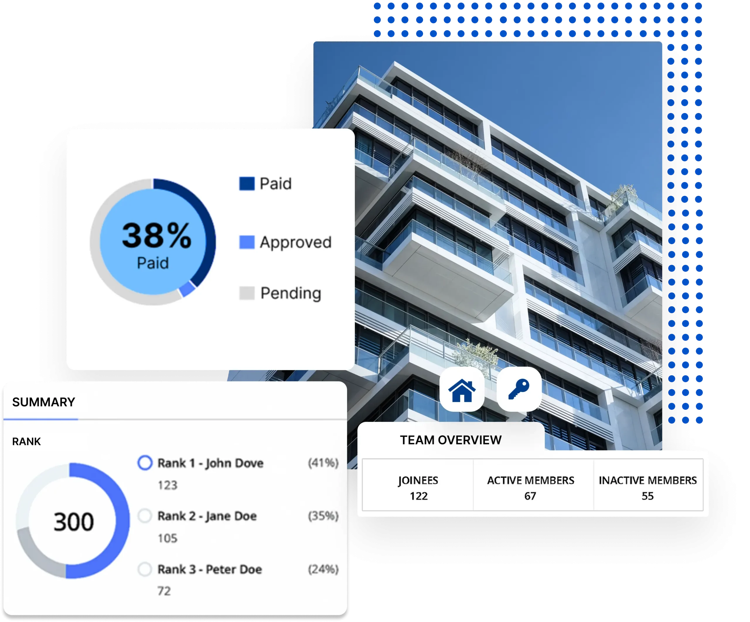 Illustration of real estate agents collaborating around a model city with MLM network graphics.