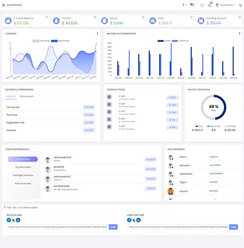 Screenshot of the Infinite MLM software dashboard on a laptop screen
