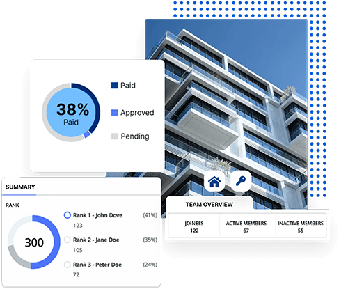 Illustration of real estate agents collaborating around a model city with MLM network graphics.